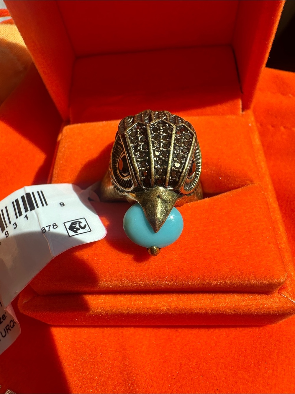 Kurt Geiger Antique Gold Owl Ring with Turquoise Stone - Size 9
